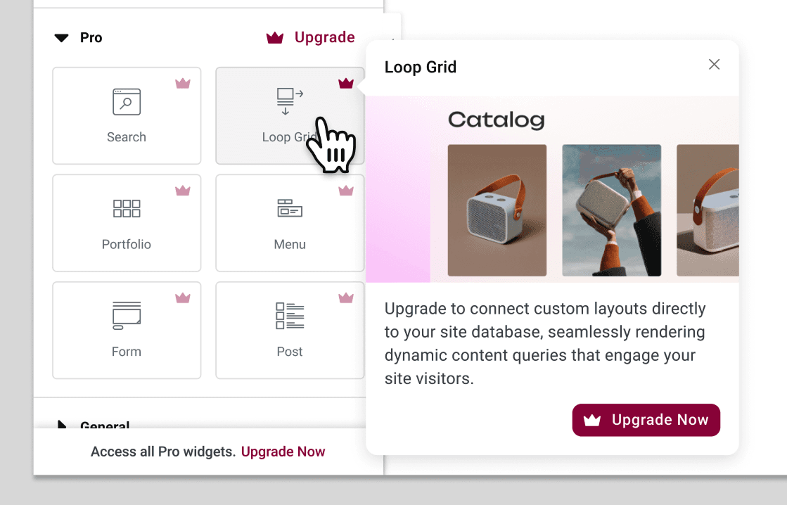 Side-by-side showing a widget panel in Core state vs Pro state, with upsell treatment
