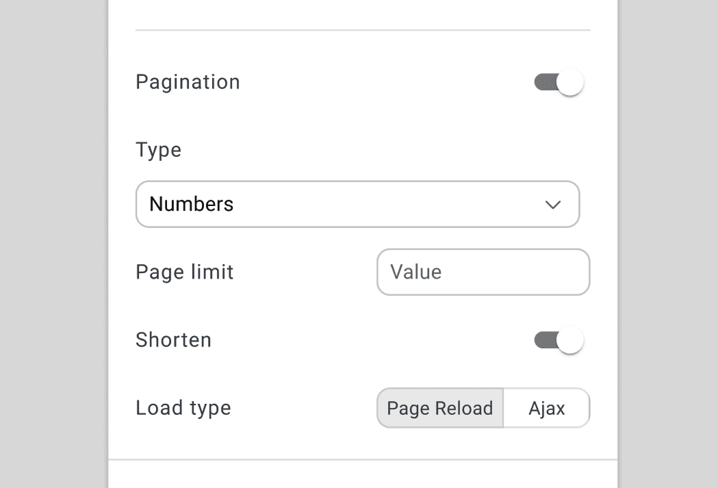 Pagination control panel showing Numbered, Load More, and Infinite Scroll modes with configuration options